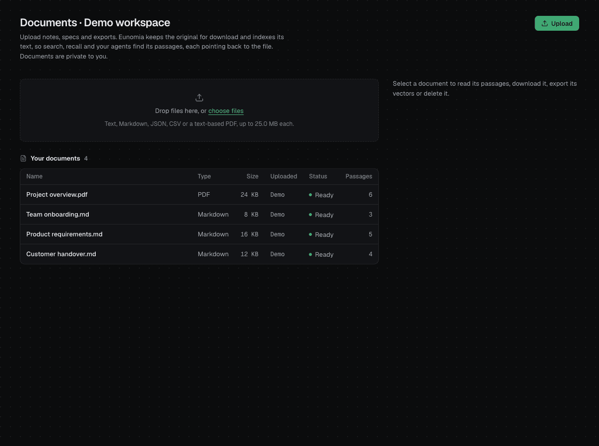 Eunomia documents list with indexed passages for each upload